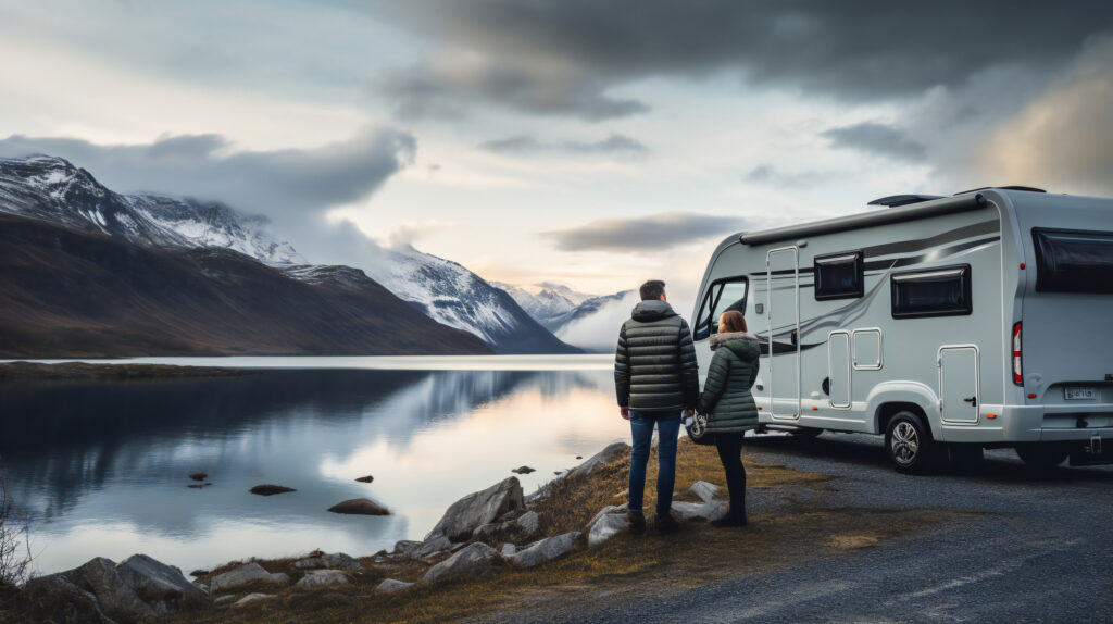 Couple admirant la vue de montagnes bordées d’un lac. 