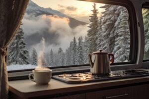 thé fumant dans un van aménagé avec vue sur les montagnes enneigées