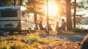 famille regardant le coucher du soleil à côté d’un camping-car