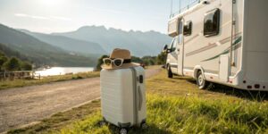 Camping-car prêt à partir avec valises et accessoires sur fond de montagne