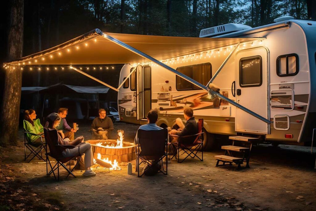 Groupe d’amis profitant d’une soirée conviviale en camping autour de leur camping-car à Angers